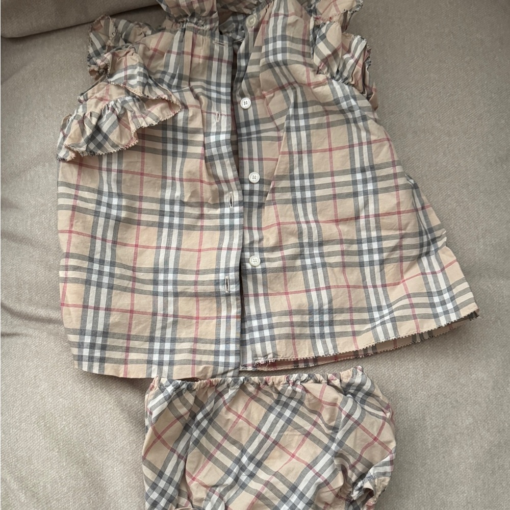 Burberry Beige and Gray Plaid Baby Set